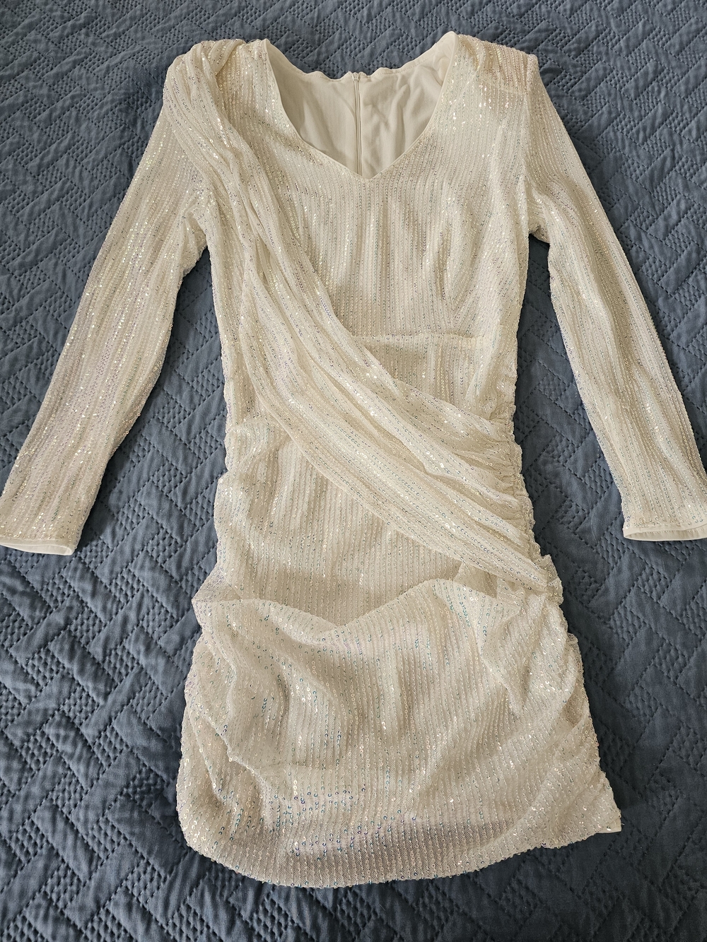 SHEIN Ivory Sequin Long-Sleeve Draped Cocktail Dress